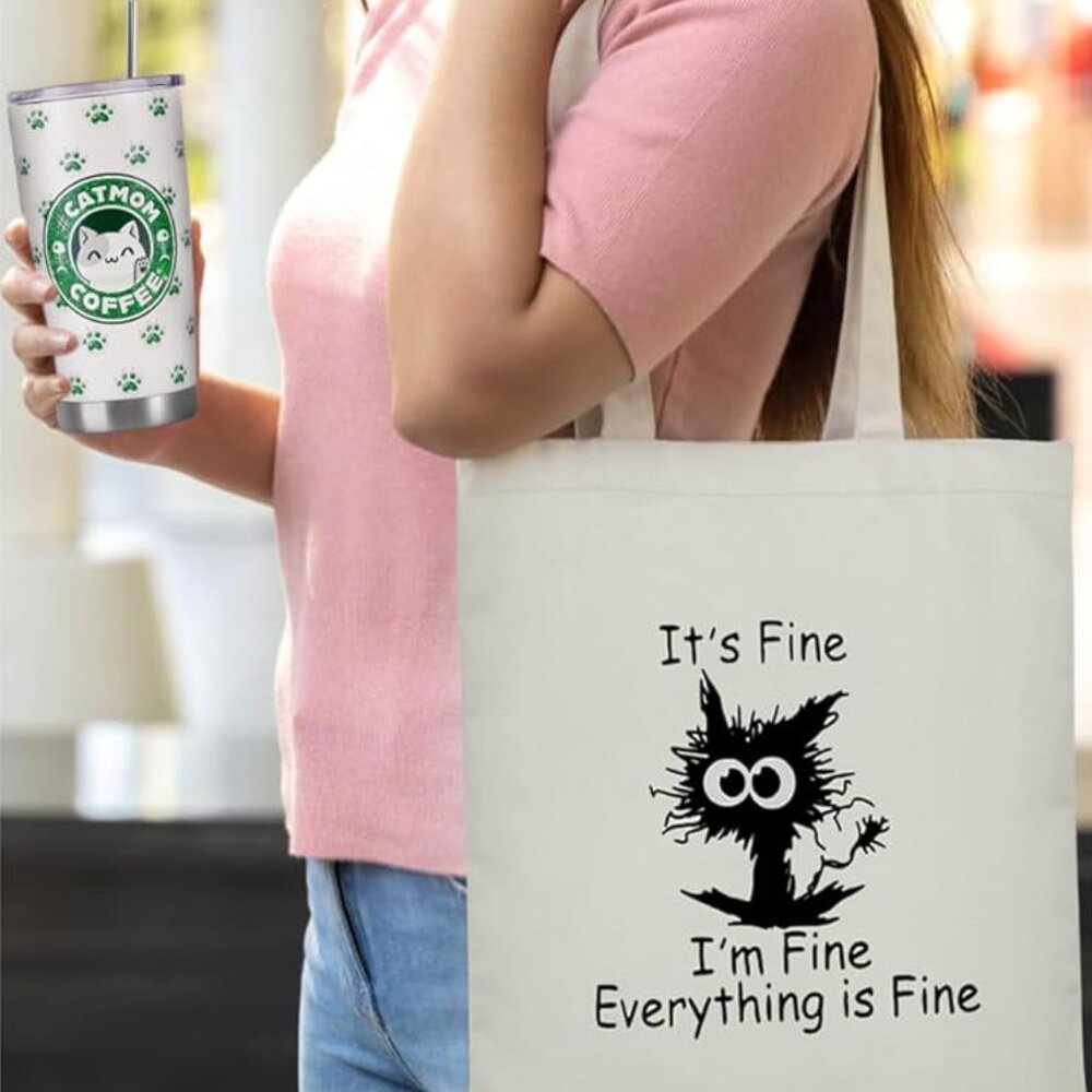 Tumbler Cup - Canvas Tote Bag Gift Set - Cat Mom - Mental Health - I'm Fine - Picture 7 of 9